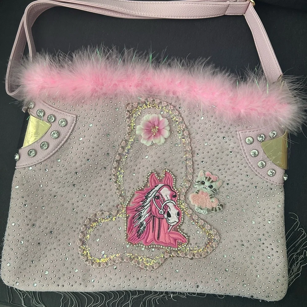 Horse & Kitten Handmade Pink Tote Bag w Rhinestones & Boa  = New